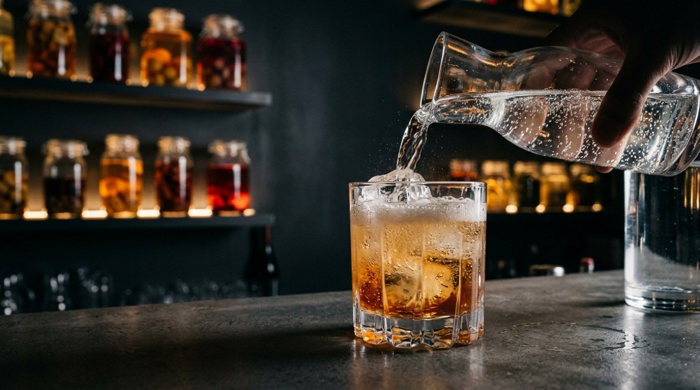 Soda cayendo sobre un spritz con hielo formando burbujas en la barra de STILLROOM