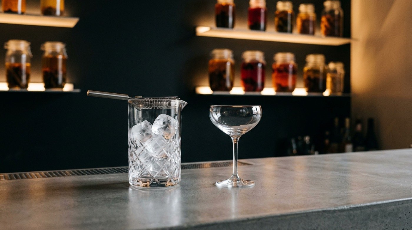 Vaso mezclador con julep strainer y copa coupé sobre la barra de microcemento de STILLROOM