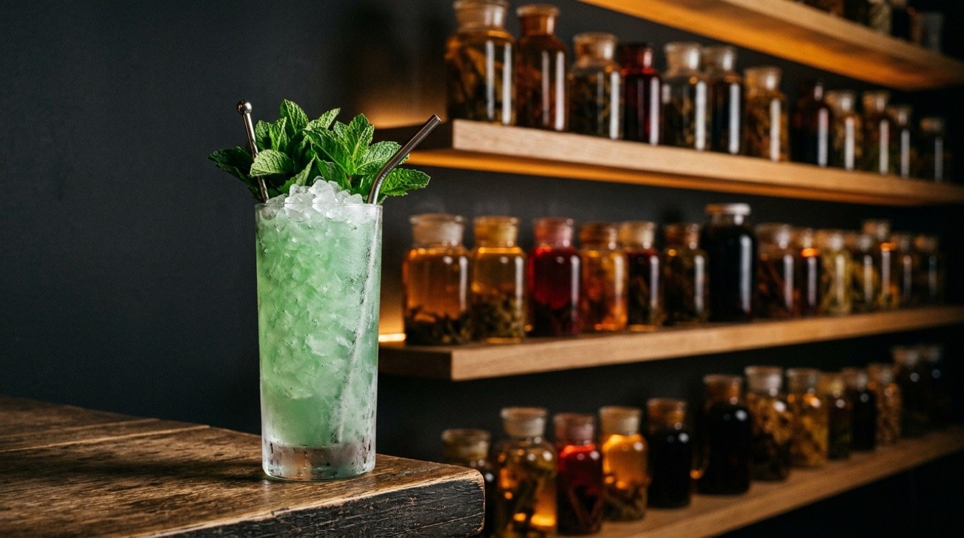 Swizzle de ron coronado con menta y el vaso escarchado por fuera servido en STILLROOM, coctelería de autor en Madrid