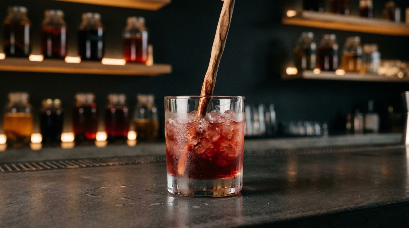 Palo de swizzle girando en un vaso con hielo pilé durante la técnica del swizzle en la barra de STILLROOM