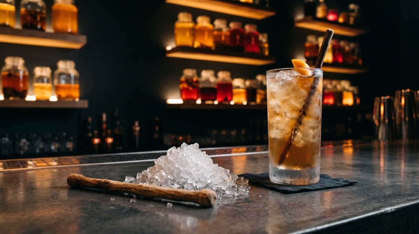 Swizzle stick de madera y hielo pilé junto a un cóctel terminado en la barra de microcemento de STILLROOM