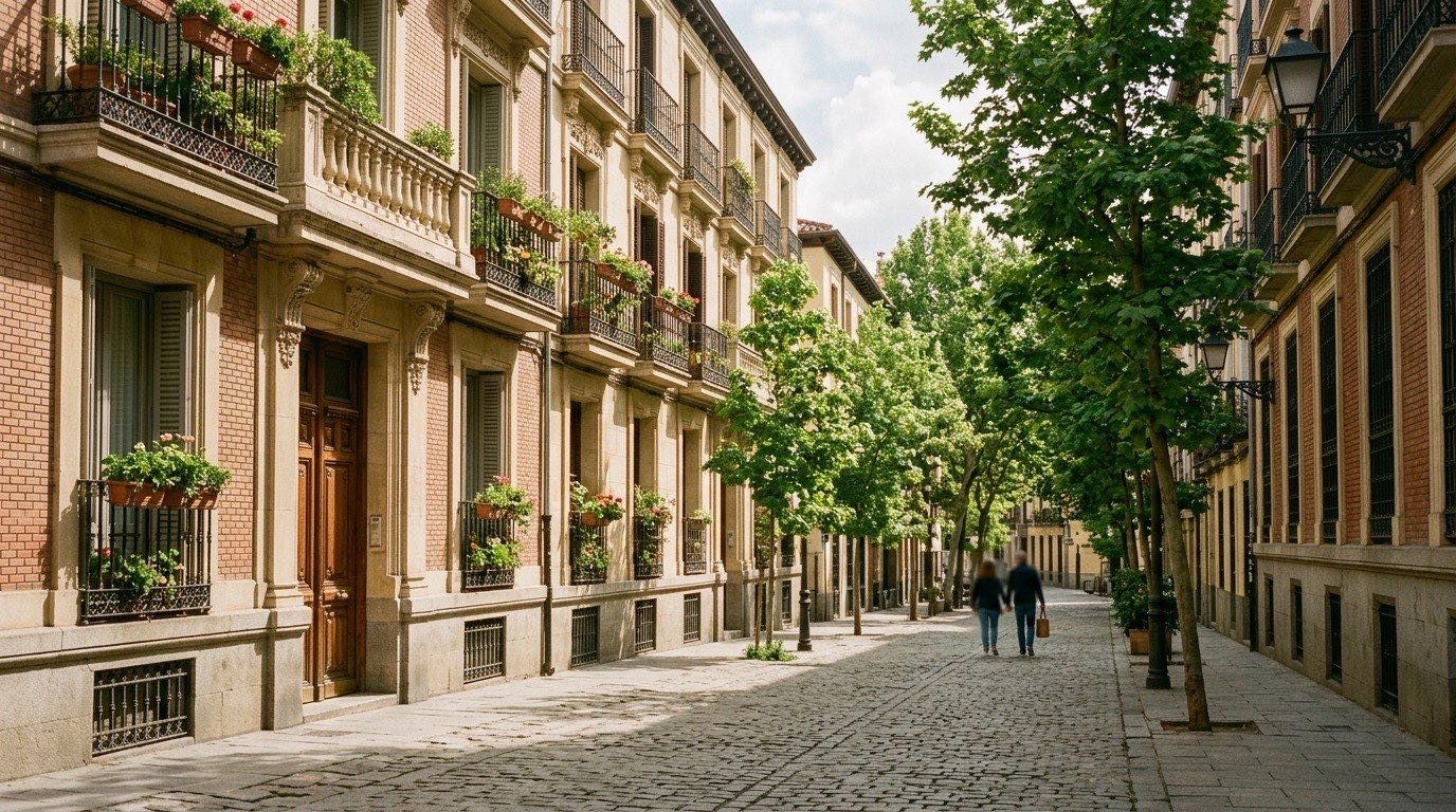 Calle tranquila del barrio de Los Jerónimos con fachadas clásicas, a dos minutos del Museo del Prado, camino del brunch de Stillroom (Madrid)