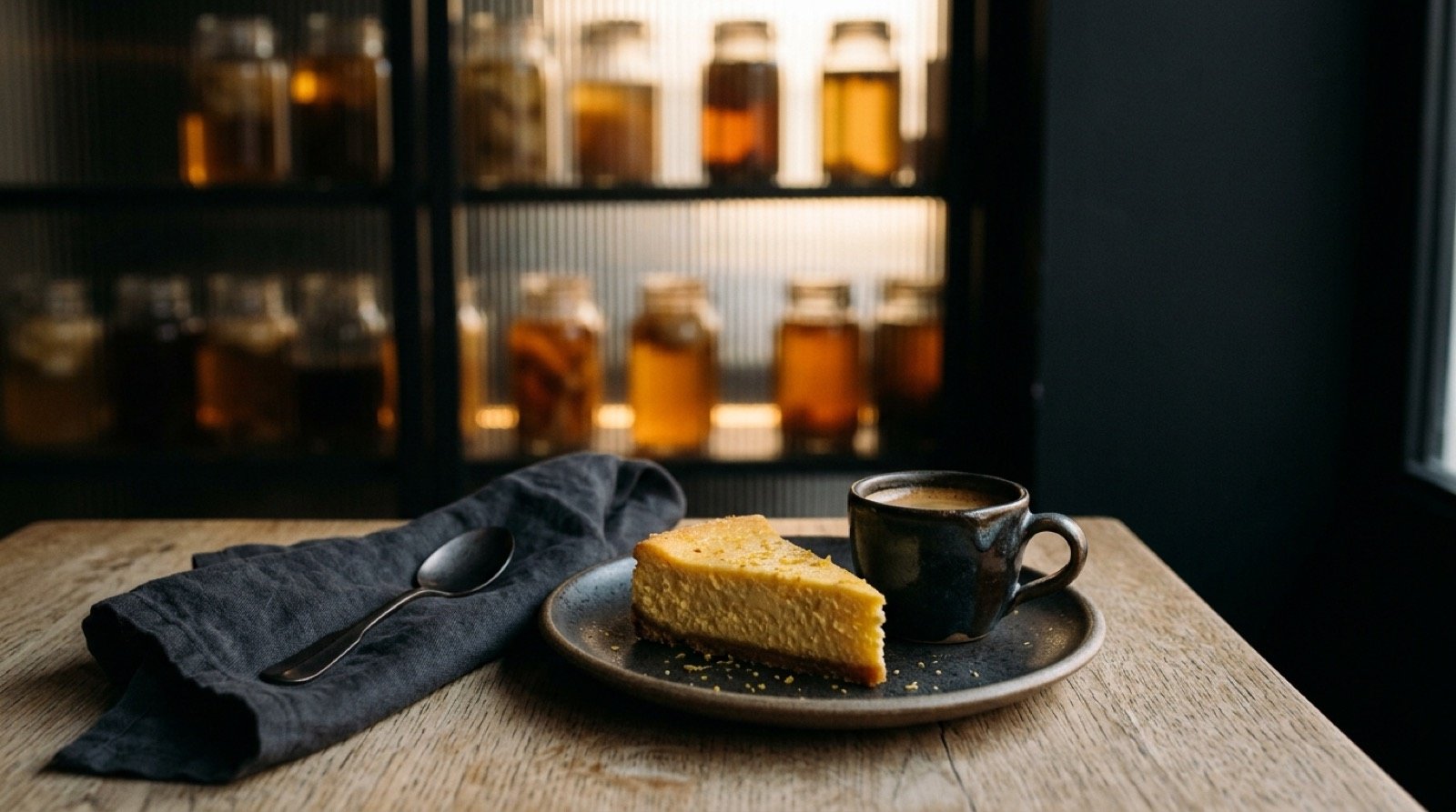 Merendar cerca del Retiro: taza de café y dulce sobre mesa de madera con luz de tarde en Stillroom, Los Jerónimos (Madrid)
