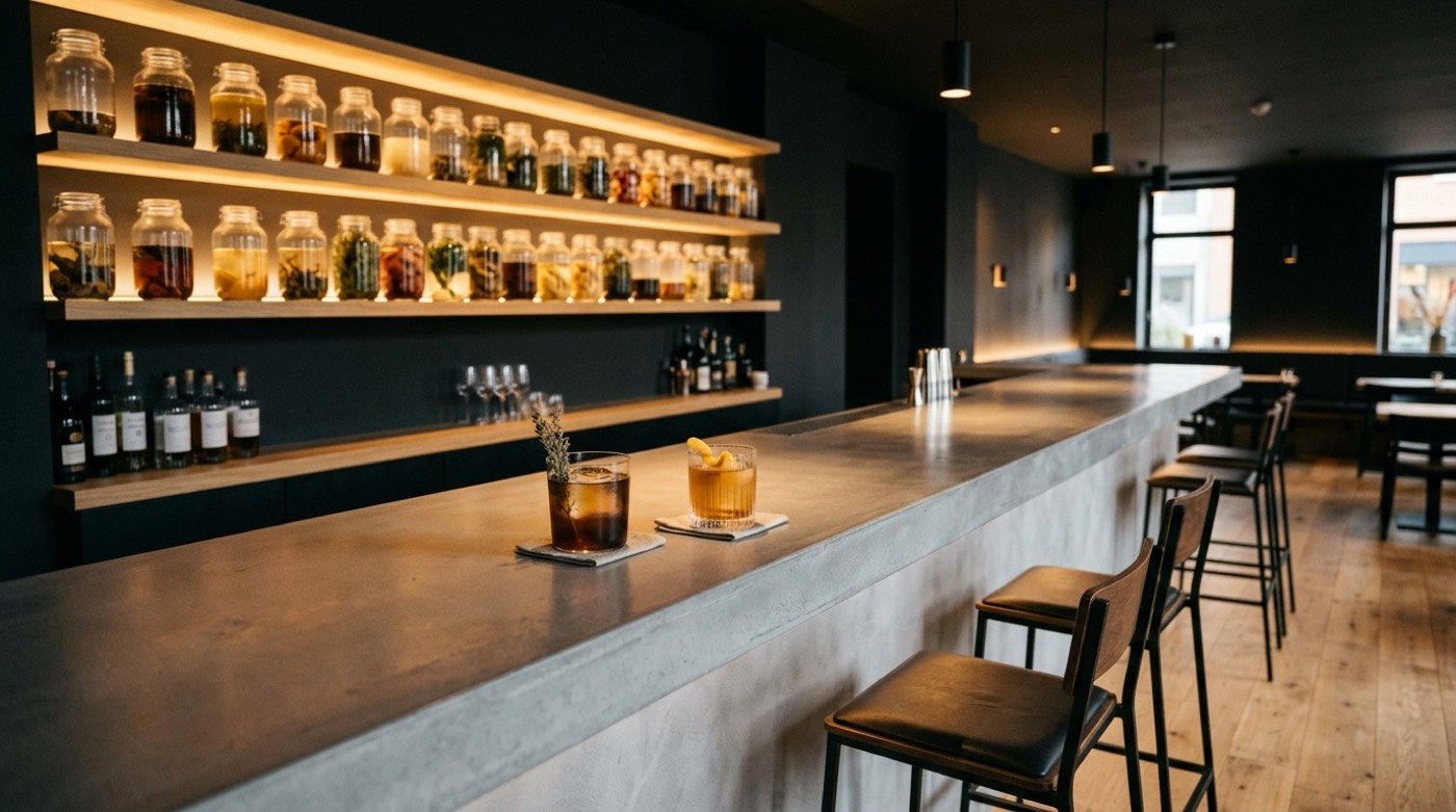 Ambiente relajado para un afterwork en Stillroom: barra de microcemento y baldas retroiluminadas de tarros de infusión, Los Jerónimos (Madrid)